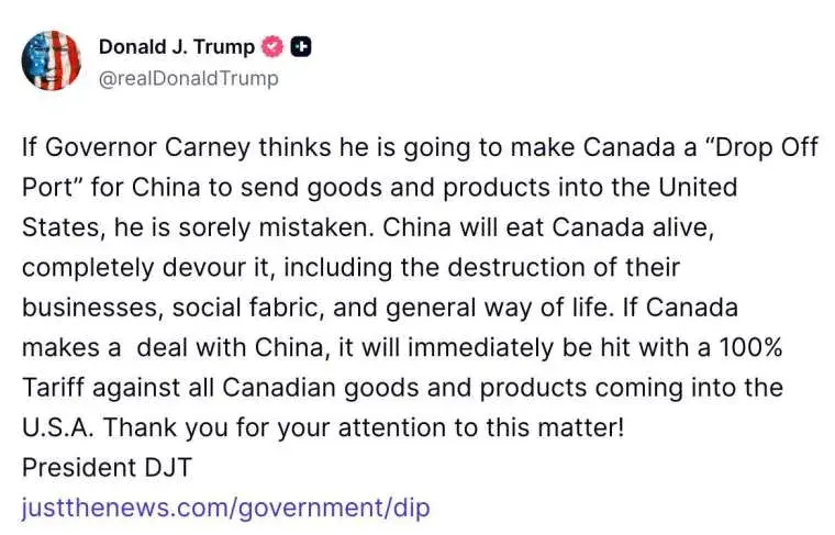 特朗普的帖文（圖：Truth Social）