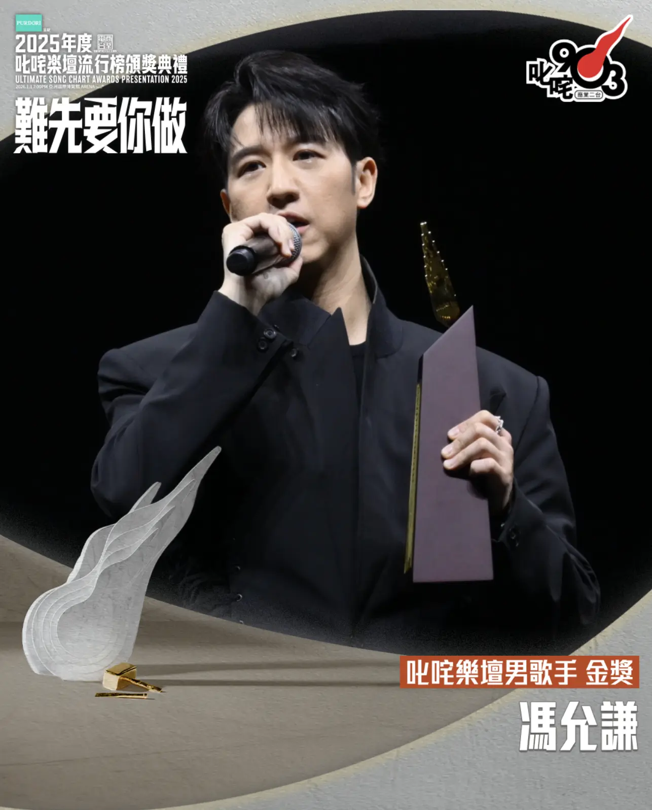 競爭激烈的叱咤樂壇男歌手金獎由馮允謙奪得，這是他入行14年以來首次斬獲該獎項，彌補了去年惜敗的遺憾。領獎時馮允謙激動落淚，坦言這個獎是多年堅持的成果，更透露曾因容貌焦慮缺乏信心，感謝公司和歌迷的一路支持。(圖：cr881903@IG)