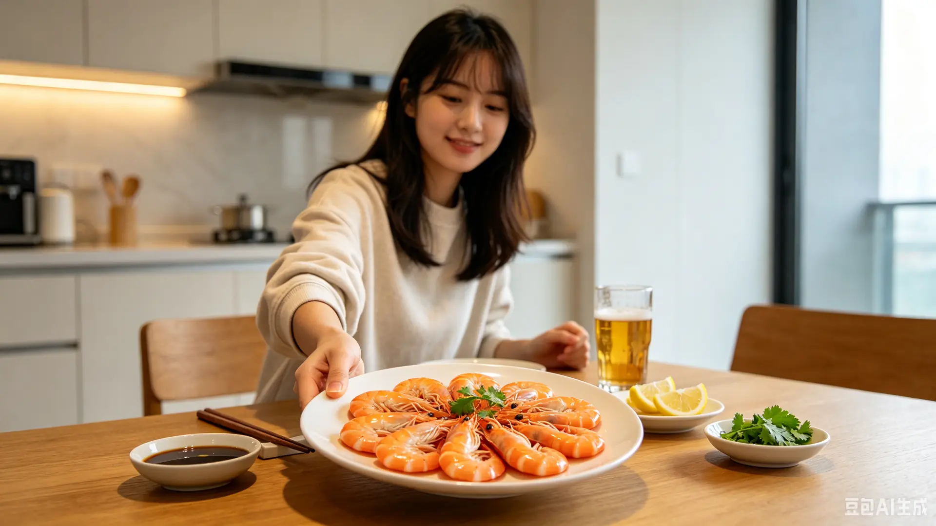 蝦肉低脂高蛋白、可提升免疫力，白灼最能保留營養。多數人煮蝦乾柴發腥，根源是冷、滾水選錯。正確方式為溫水下鍋，搭配啤酒薑椒去腥，蝦彎月牙即撈出過涼白開，當餐食用避免蛋白變質。（示意圖來源：豆包AI）