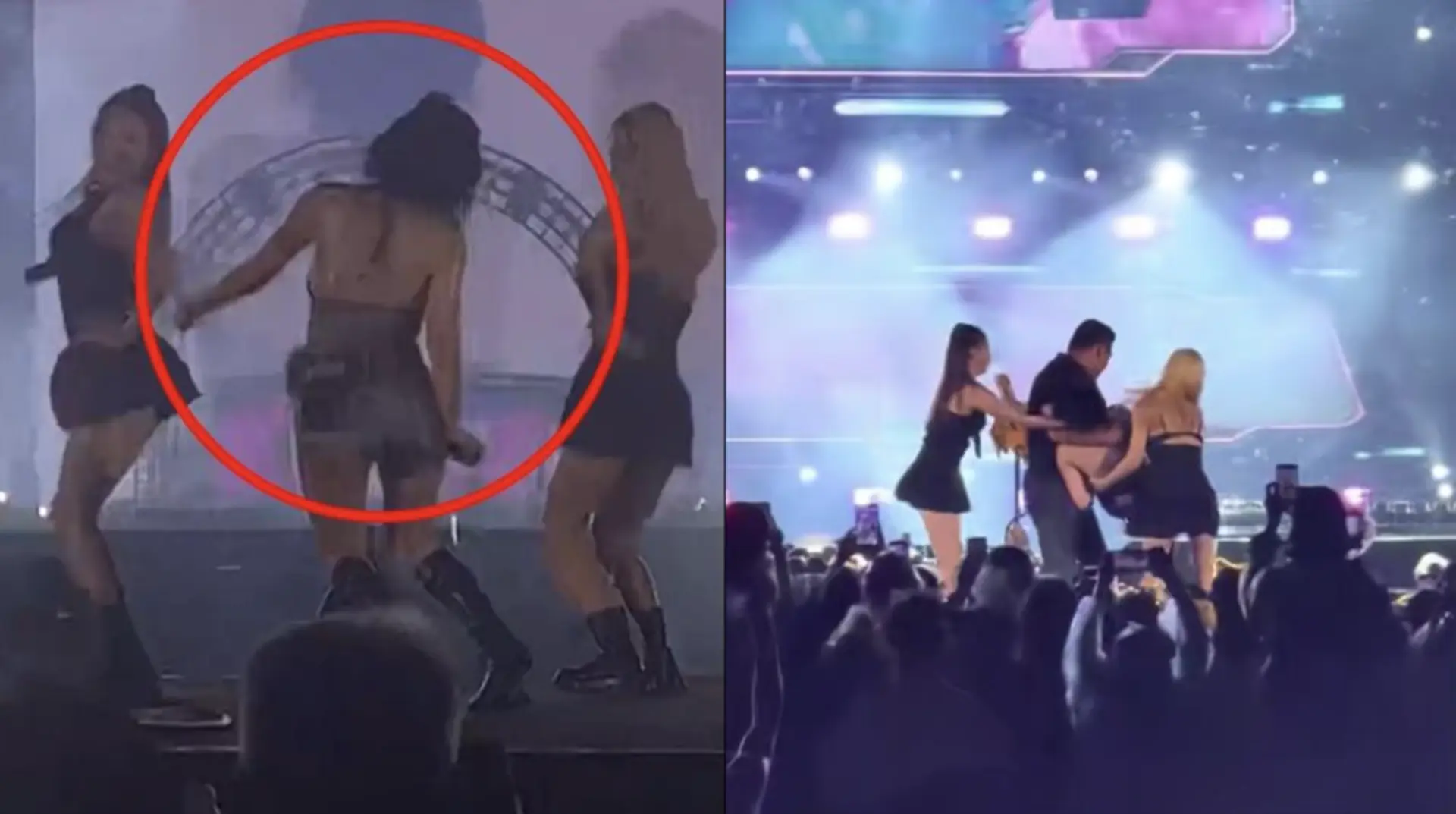 根據現場目擊者描述及網絡瘋傳的影片，泫雅倒下後毫無反應，身旁舞蹈員第一時間上前查看，保鑣隨即衝上台，與舞蹈員一同將她抬離舞台。(圖：抖音截圖)
