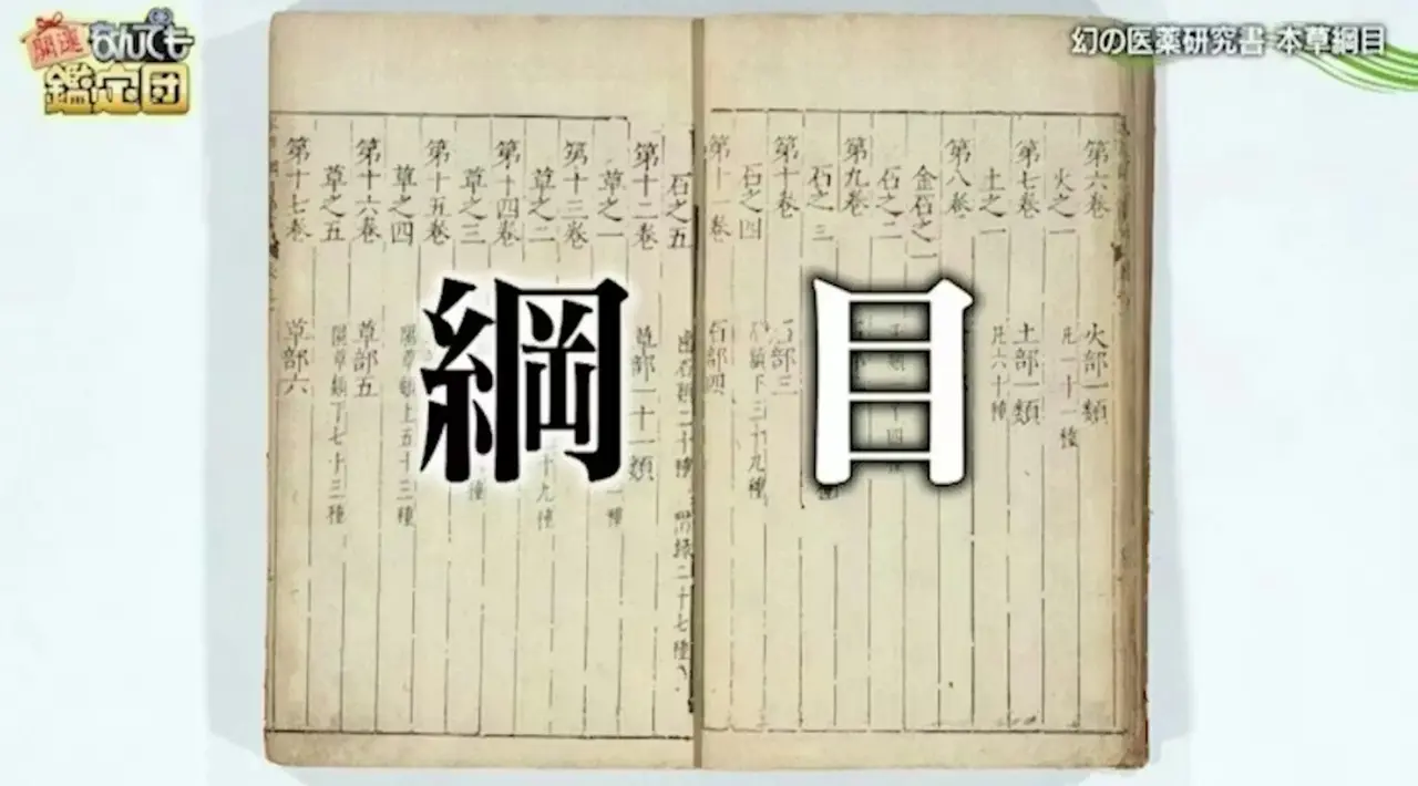 京都府立植物園收藏的一套中國古代明朝時期的名醫李時珍耗時27年編纂的《本草綱目》，經AI鑑定為假貨、估價3萬日圓，職員攜其參加「開運鑑定團」，專家斷定為明代初版金陵本，價值高達1億日圓。（視頻截圖來源：電視截圖）