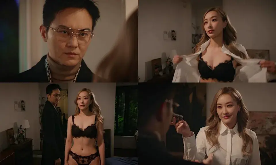 無綫台慶劇《璀璨之城》15日播出的集數中，陳瀅飾演的記者霍佩樺為達成合作，當眾解開襯衫、脫下外衣及牛仔褲，最後只穿黑色喱士內衣褲，並進一步全裸示人。(圖：TVB)