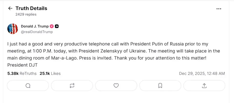 特朗普在社交平台 Truth Social 的帖文