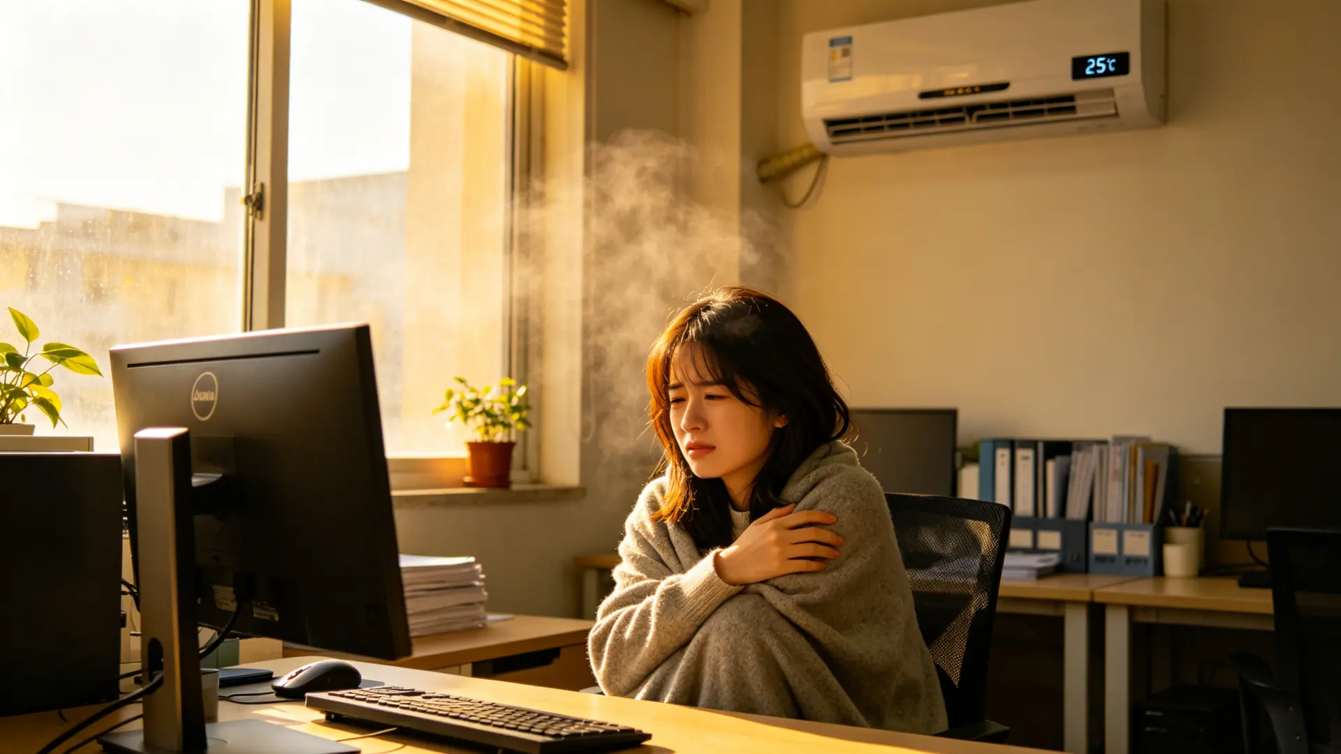 夏日長時間待在冷氣房易引發冷氣病，出現頭痛、手腳冰冷、腸胃不適等癥狀。醫師點名7大高危族群，上班族、愛冰飲者皆上榜，教你正確使用冷氣、清潔保養，遠離不適。（示意圖來源：豆包AI）