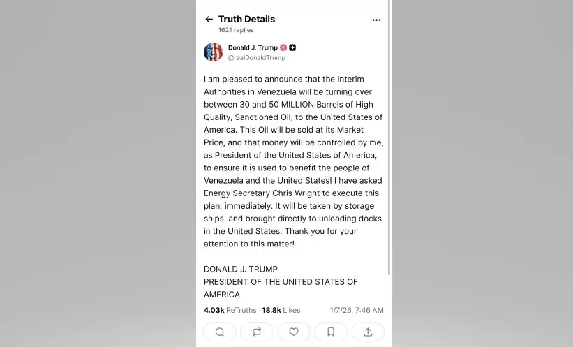 特朗普稱，這些石油將按市場價格出售，而這筆錢將由他，作為美國總統掌控。（網絡截圖）