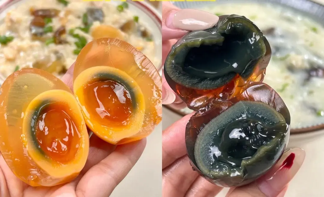 市面上的松花蛋有黃色與黑色兩種，兩者究竟有什麼差異？（示意圖來源：小紅書網友）