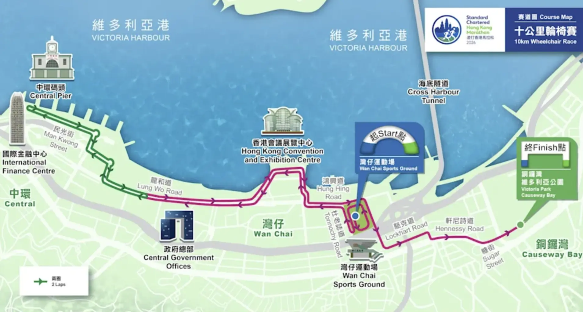 賽事安排方面，全馬及半馬以尖沙咀彌敦道為起點，終點為維多利亞公園；十公里賽事起點設於港島東區走廊，各組別按時段分批起步，全馬最遲起步時間為上午6時50分，十公里最遲為上午8時10分。(圖：渣打香港馬拉松 Standard Chartered HK Marathon@FB)