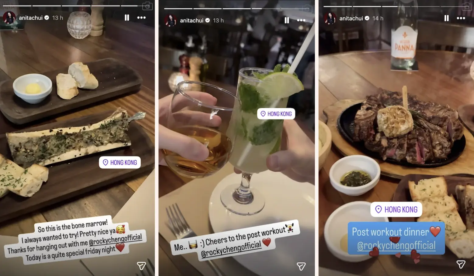 不僅如此，二人還分享了一同撐枱腳的短片，崔碧珈更配文「這就是骨髓！我一直想試試，很不錯呀！謝謝你跟我一起出去玩，今天是個很特別的星期五夜晚」，字裡行間流露親密氛圍。(圖：anitachui@IG)