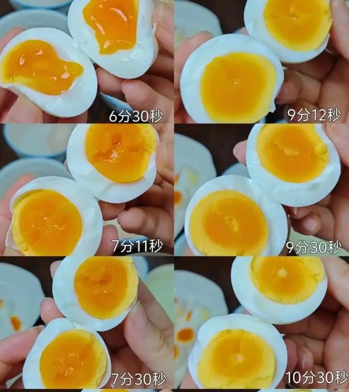 一口鍋、一碗水、一排雞蛋，水開計時後每分鐘撈出一個剖開，從1分鐘的流心到9分12秒的金沙紋，每個階段的狀態都清晰可見。（來源：小紅書）