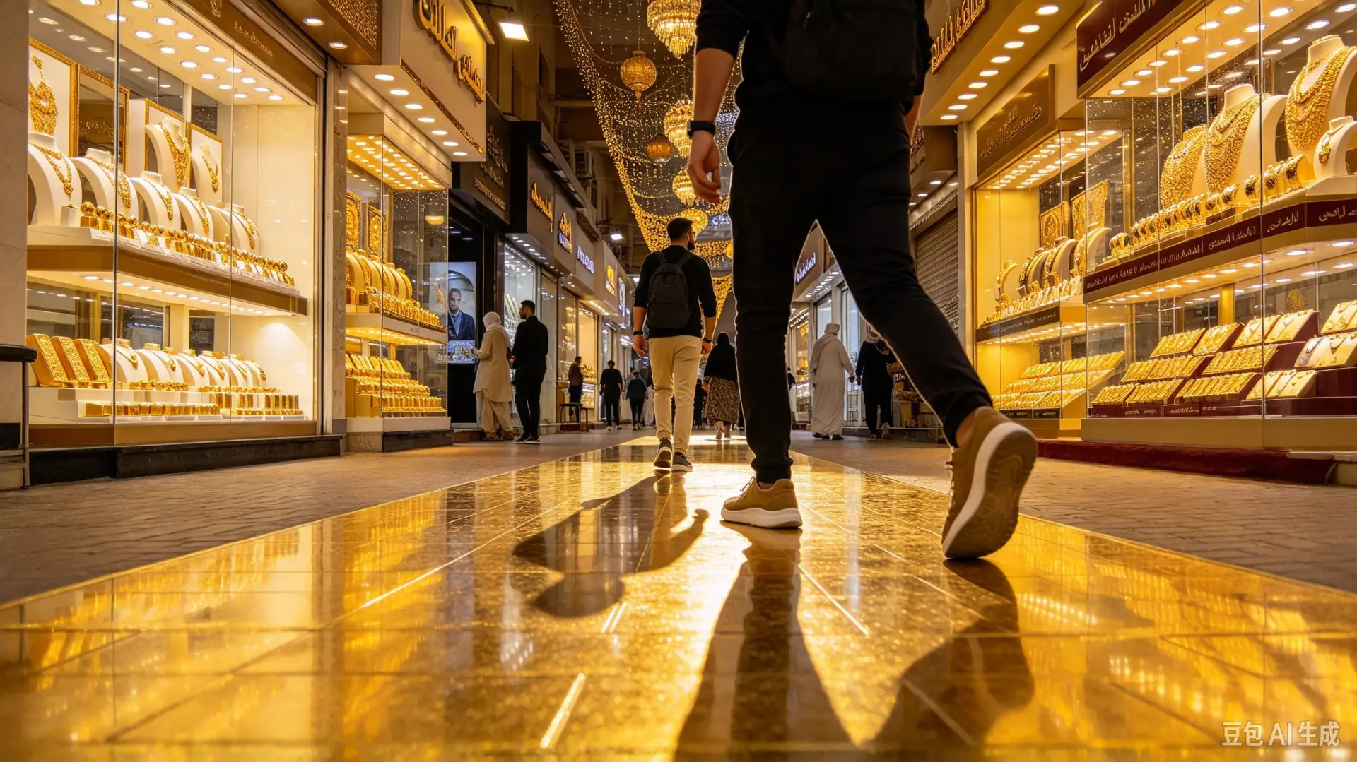 杜拜黃金區（Dubai Gold District）規劃於2026年底前，推出全球首創、長度最長的24K純金人行步道，預計2個月內公開；當地黃金珠寶商戶進駐量持續上升，鞏固黃金交易重鎮地位。（示意圖來源：豆包AI）