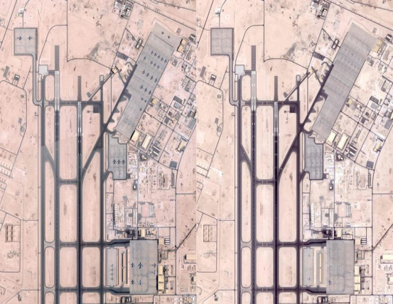 2025年6月5日(左)和6月19日(右)美軍烏代德空軍基地衛星圖像 (新華社)