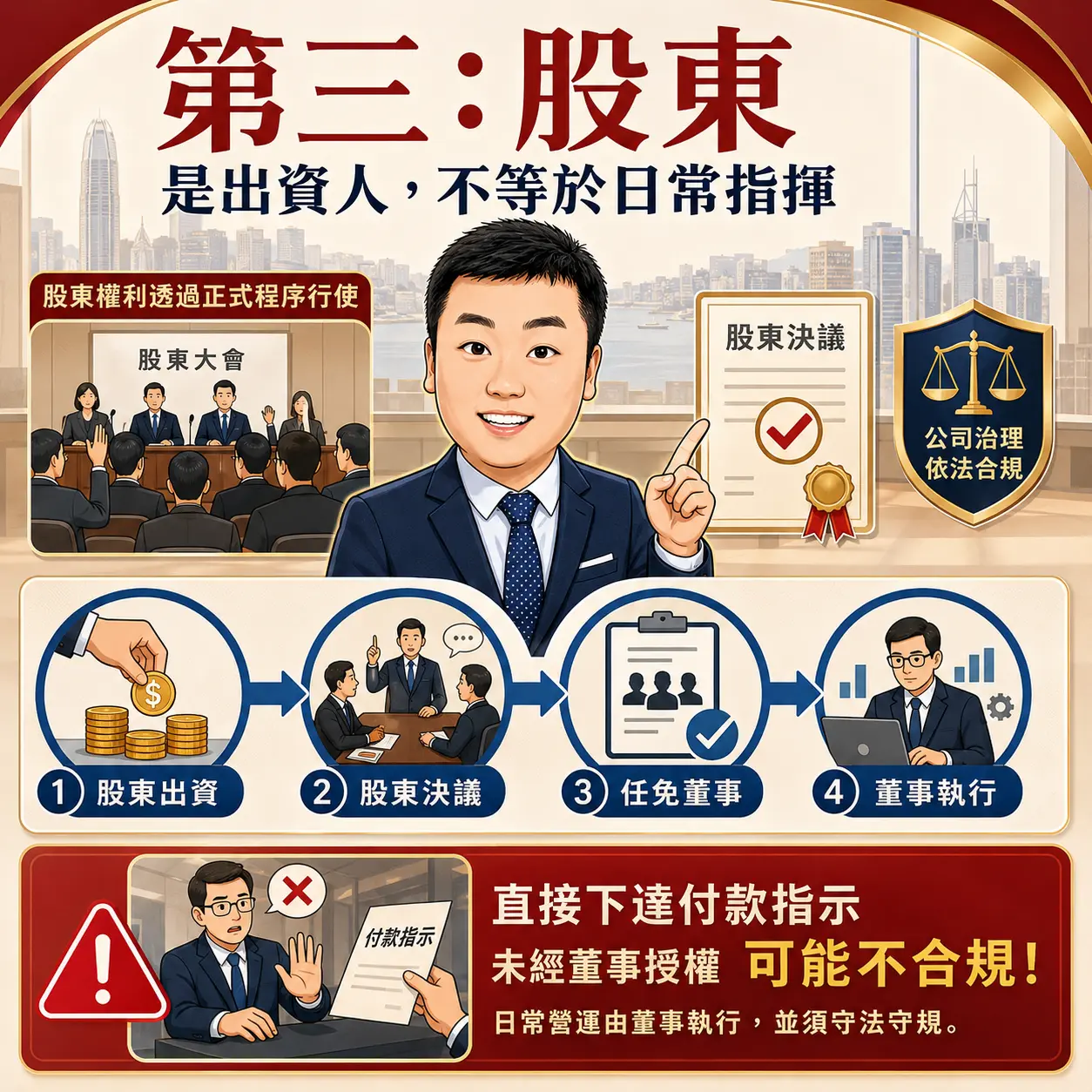 第三，股東是出資人，但日常經營不一定由股東說了算。
