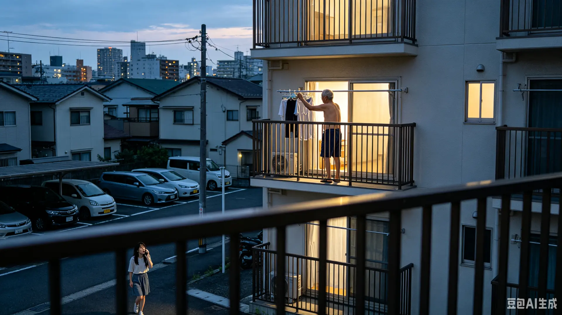 日本神戶市一名65歲大叔，裸身走上三樓陽台收衣，遭樓下女路人目擊驚嚇報警，警方依公然猥褻罪將其逮捕。案件曝光後，搭配日本陽台文化差異，引發全網熱議與兩極爭論。（示意圖來源：豆包AI）