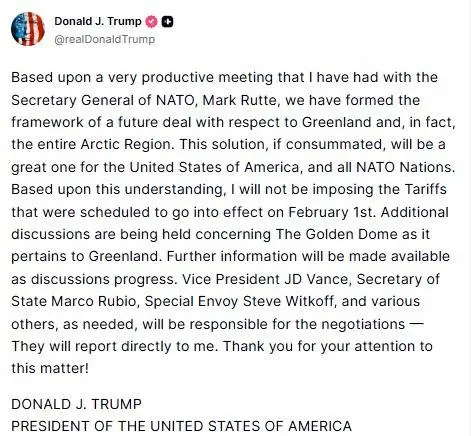 特朗普發文指已與北約方面就格陵蘭，擬訂一份「未來協議的框架」。（圖/TruthSocial@realDonaldTrump）