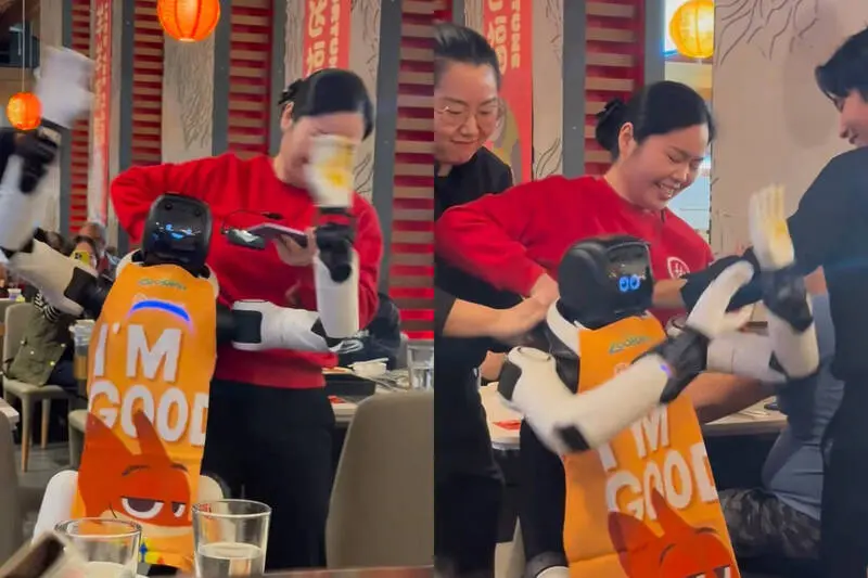 美國加州聖荷西海底撈，一台《動物方城市》造型服務機器人表演時失控暴走狂舞，三名店員一度無法制止，未造成損失，網友笑稱人工智障，也側面體現中國機器人出海應用現況。（來源：X）