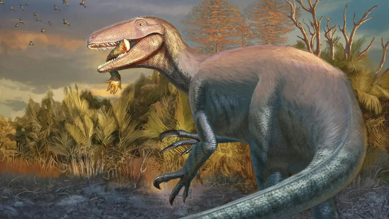 在六千多萬年前的地球上，曾发生过一件超神奇的事 —— 一隻七米長的恐龍正啃著「鱷魚大餐」，结果意外突然來臨，它和没吃完的獵物就這麼被永遠定在了原地。（來源：卡內基自然歷史博物館）