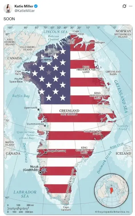 前特朗普顧問、白宮辦公廳副主任米勒的妻子凱蒂·米勒3日晚在社交媒體發佈了一張塗成美國國旗顏色的格陵蘭島地圖，配文「SOON」（很快），暗示美國將「拿下」格陵蘭島。