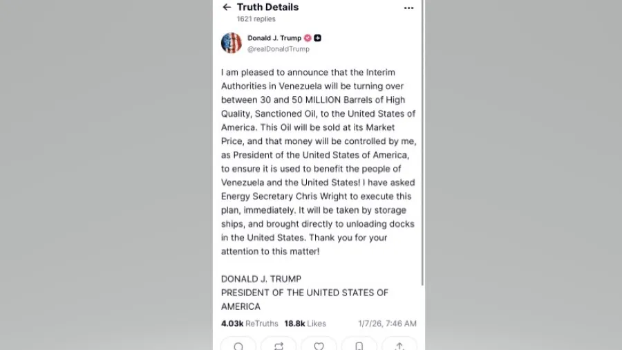 強盜所為！特朗普宣布委內瑞拉移交3000萬至5000萬桶石油　售油資金由其親自掌控的封面圖片