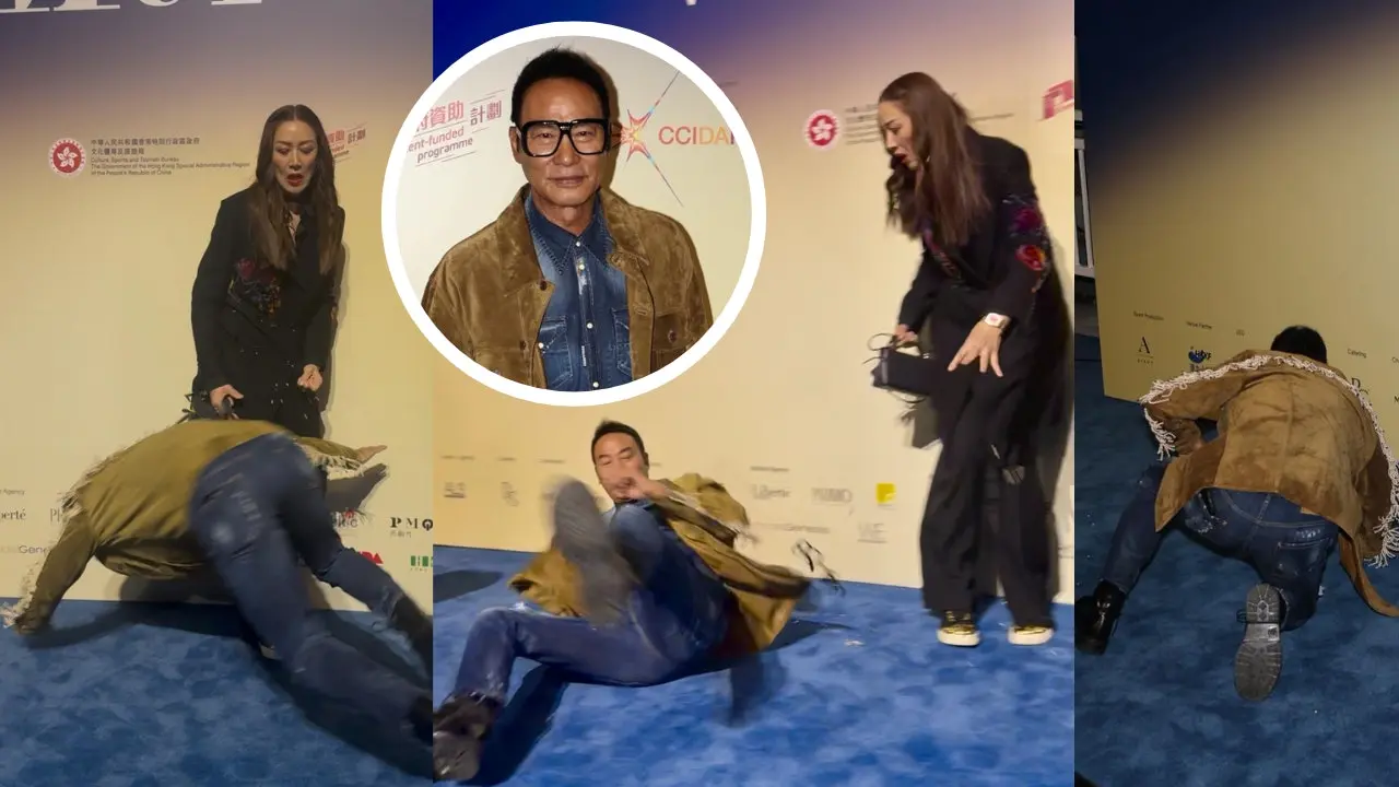 70 歲的任達華在走向佈景板準備與太太琦琦合照時，不慎被現場地毯絆倒，眼鏡隨即飛脫，幸得任達華身手敏捷，多年拍動作戲累積的經驗讓他即時做出「搶背」動作，翻滾一周後順勢單膝跪地穩穩著地，全程流暢如拍戲般有型。(圖：視頻截圖)