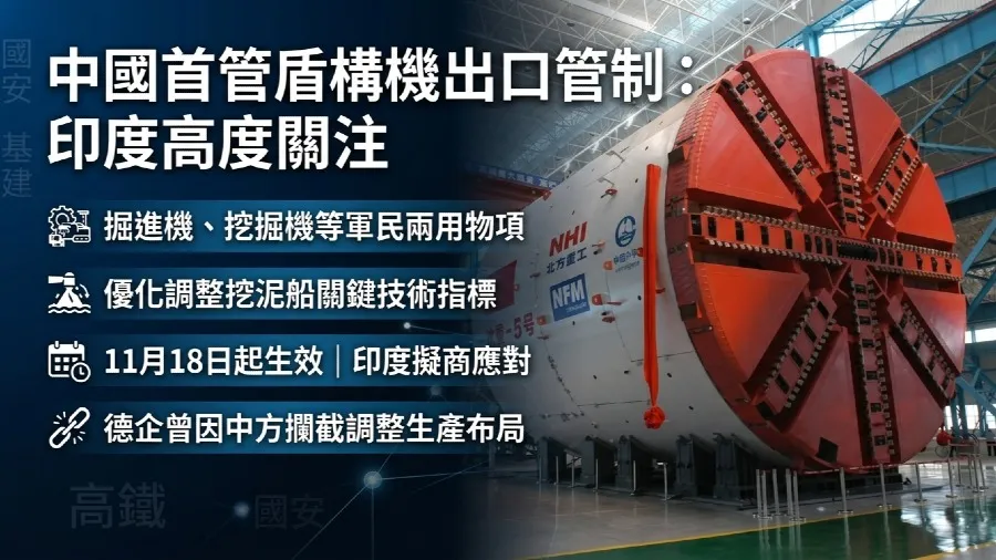 中國管制盾構機等軍民兩用物項出口 11月18日起生效 引印度高度關注的封面圖片