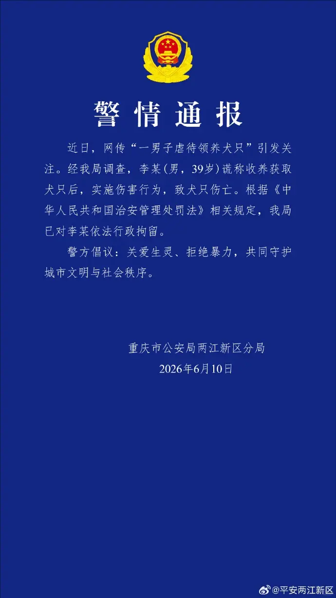 重慶39歲李姓男子偽裝愛心人士詐領貓狗，涉嫌拔牙斷尾、毆打虐殺動物，甚至高樓拋棄動物屍體，多名送養人崩潰險輕生，警方已介入調查，網友呼籲推動反虐動物立法。（來源：平安兩江新區@新浪微博）