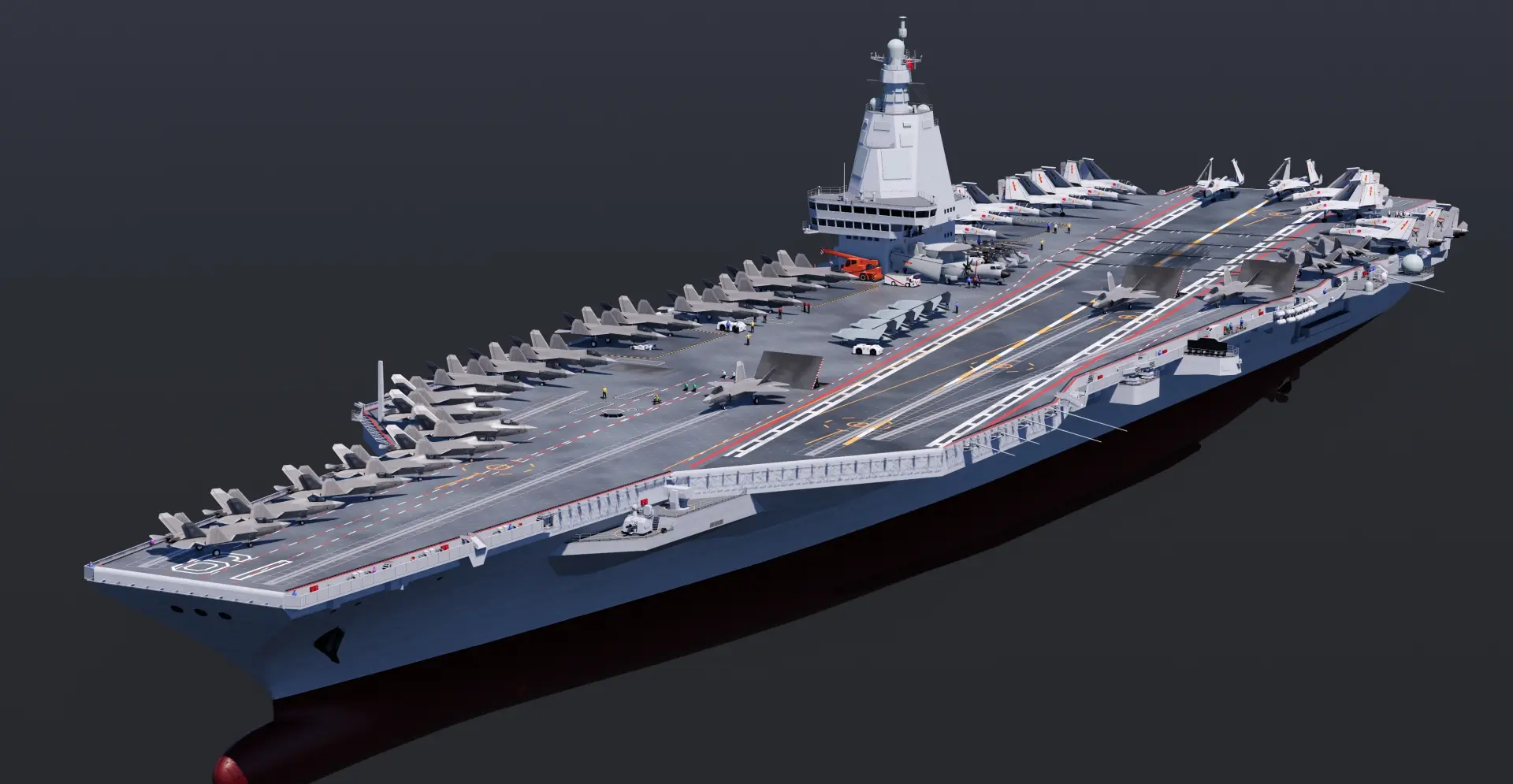 網路上流傳的中國004型核動力航艦概念圖，其設計對標美軍福特級，採用核動力與電磁彈射器，可搭載殲-35匿蹤戰機等超過90架艦載機，旨在挑戰美國的海上霸權。（圖：大包CG@微博）