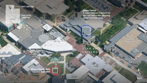 紅圈為柯克中槍位置，藍圈為嫌犯可能開槍的樓頂位置 《紐約時報》