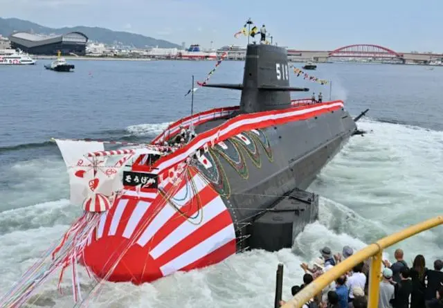 日本第六艘「大鯨級潛艦」「蒼鯨號」舉行下水典禮，要強化日本海上自衛隊在第一島鏈的活動能力。（日本海上自衛）