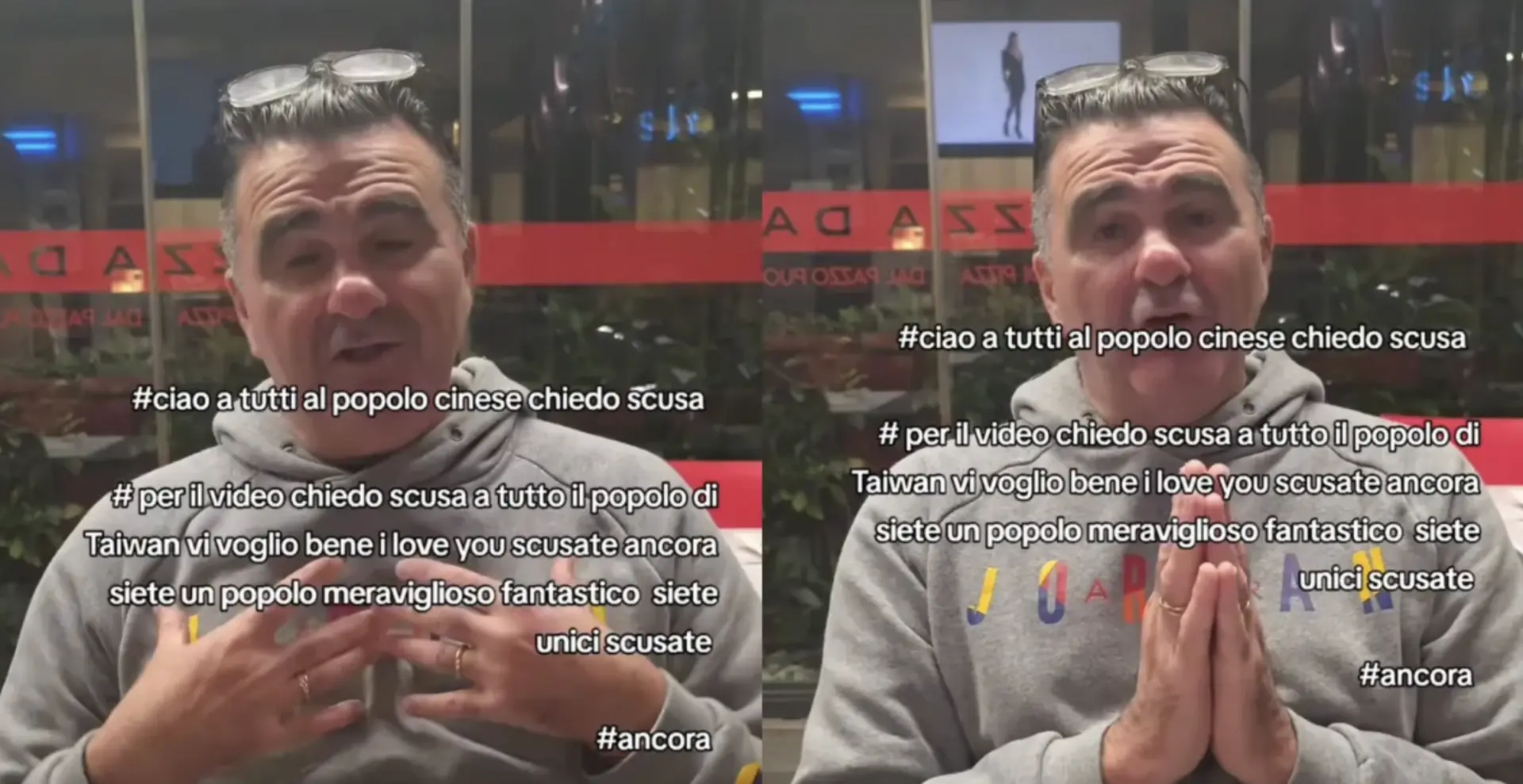 當地時間14日晚間，帕齊尼轉戰臉書發布46秒道歉影片及短文，態度180度轉變。他在影片中反覆強調「要向所有中國人及台灣人道歉」，稱「你們是如此美好、神奇的人民」。(圖：視頻截圖)