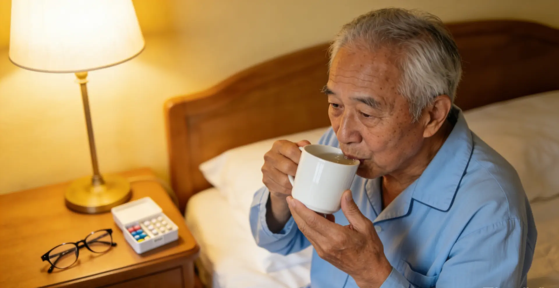 晨起溫水可改善夜間脫水帶來的血液黏稠問題，減輕心腦血管壓力。35℃–45℃溫開水最適宜，少量慢飲、起床不急，搭配良好生活習慣，就能穩定保護心腦血管。（示意圖來源：豆包AI）
