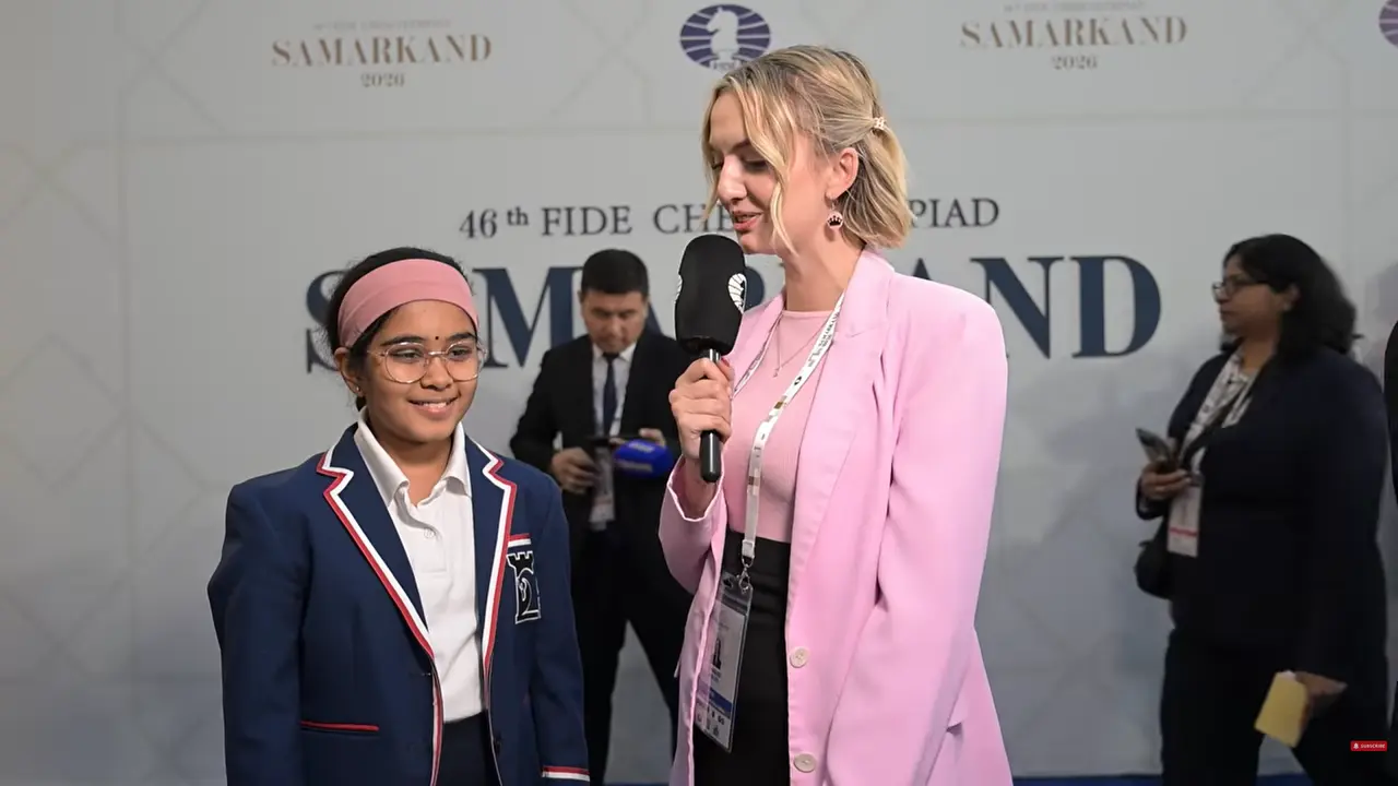 英國11歲印度裔少女西瓦南丹（左），於第46屆國際象棋奧林匹克團體賽刷新紀錄，成為史上最年輕女子特級大師（WGM）。她無家族棋藝底蘊，年少屢破國際賽事紀錄，立志持續創造棋壇歷史。（來源：FIDE chess@YouTube）