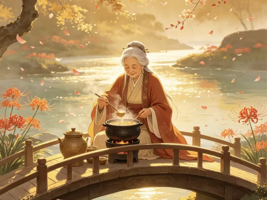 網路流傳的孟婆癡情醫女身分純屬虛構，真實原型為古代江南風神。清代典籍賦予其幽冥神職，專熬五味孟婆湯渡化亡魂，其形象是三教文化融合演變的成果。（示意圖來源：小紅書網友硯知）