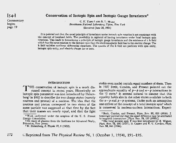 1954年楊振寧與米爾斯關於「非阿貝爾規範場」的論文