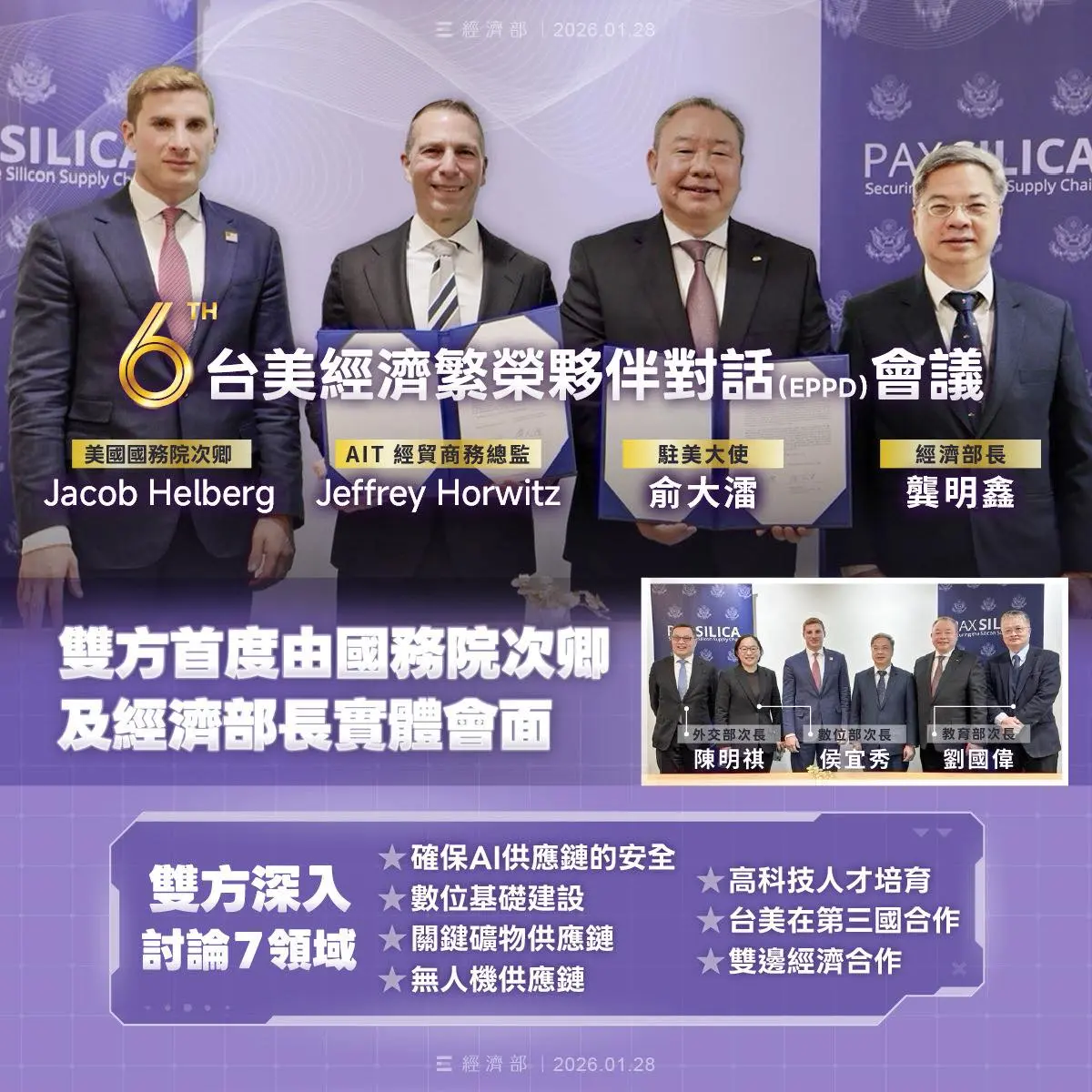 台灣2026年1月與美國簽署《矽盛世宣言》，將人工智能、無人機等七大核心產業綁入美國主導的「非紅供應鏈」，徹底放棄產業鏈獨立發展空間，完全受制於美國。(圖：經濟部@FB)
