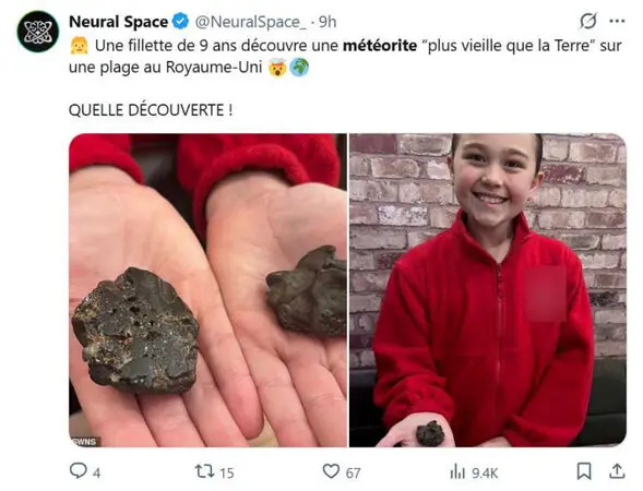 英國9歲女童亞莉安娜‧邱奇（Ariana Church）在沙灘拾獲一顆石頭，經專家鑑定為45億年含鐵隕石，比地球還古老，她堅決不賣，願與全世界分享這份宇宙驚喜。（來源：NeuralSpace_@X）