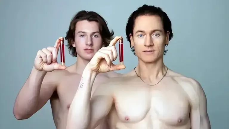 在達拉斯的一間診所內,輸血管道分別連接著他、19歲的兒子塔爾馬吉與70歲的父親。 兒子體內1升血漿被輸入他的體內,而他的血漿則進一步輸給父親。(來源: Bryan Johnson@YouTube)(來源:網絡)