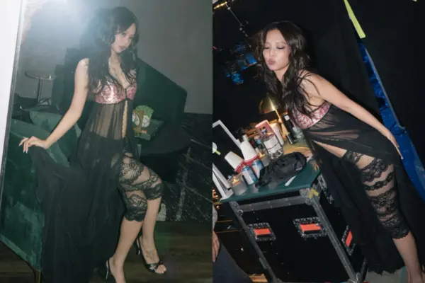 BLACKPINK成員Jennie於社群釋出後台全新造型美照，突破風格挑戰內衣風透視穿搭，粉黑拼接馬甲搭配透紗設計超吸睛，絕佳氣場引爆網路熱議。（來源：IG）