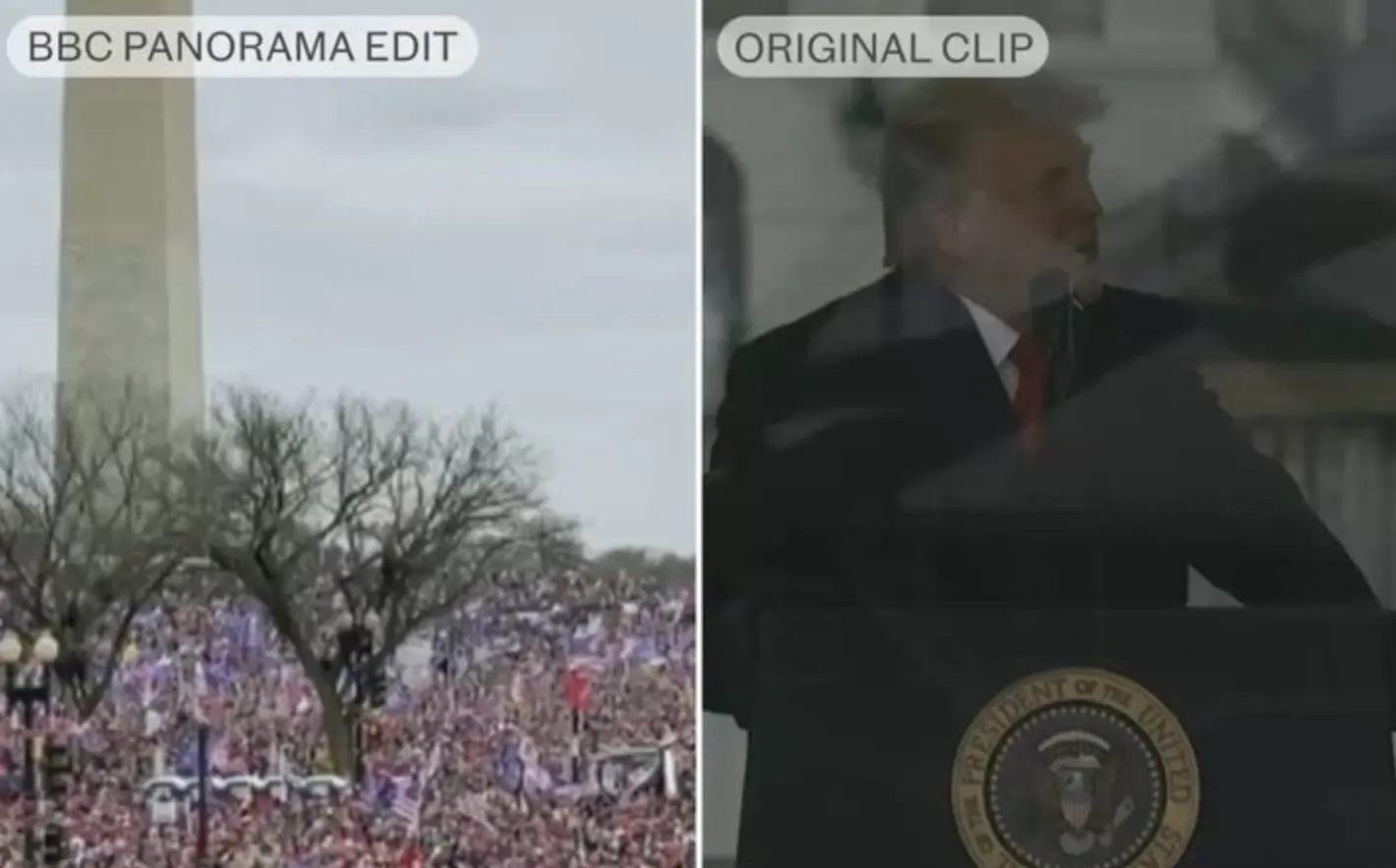引發爭議的影片於去年播出，內容拼接自特朗普 2021 年 1 月 6 日的公開演說。當時特朗普正質疑民主黨籍對手拜登（Joe Biden）的大選勝選結果，事後更被指控煽動暴民攻擊美國國會山莊。(圖：網絡截圖)