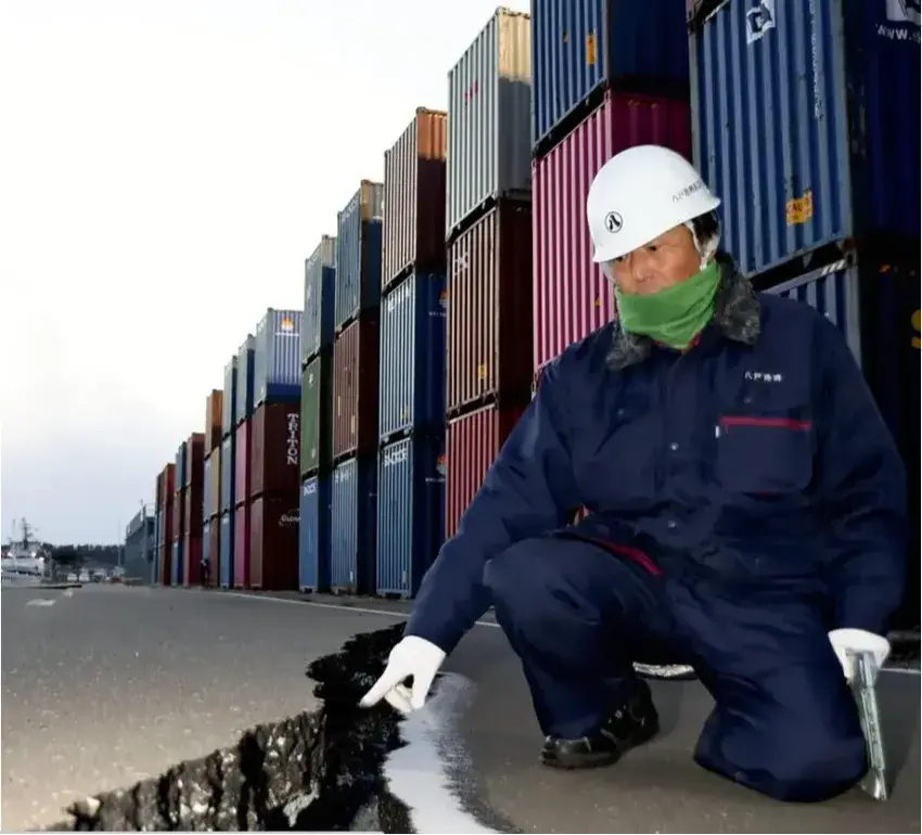  日本青森縣外海發生7.6級強震及餘震，導致八戶港「C區」貨櫃碼頭出現200米長巨裂，1/3區域癱瘓，500個貨櫃卡死。（截圖來源：読売新聞）