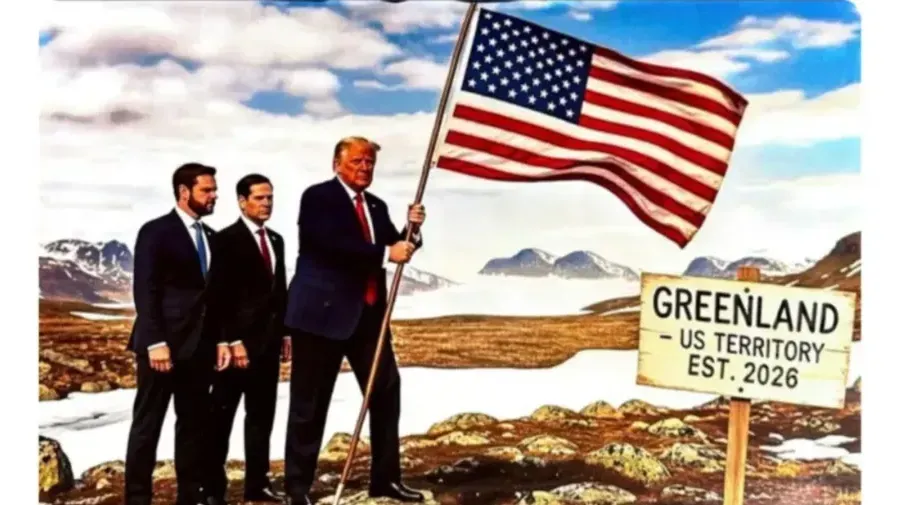 特朗普發布手持星條旗登格陵蘭島圖片 指示牌標註2026年成美國領土的封面圖片
