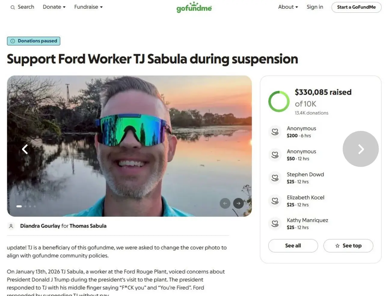 其中一個GoFundMe的網站籌得33萬美金，現已停止捐款。（圖/GoFundMe）