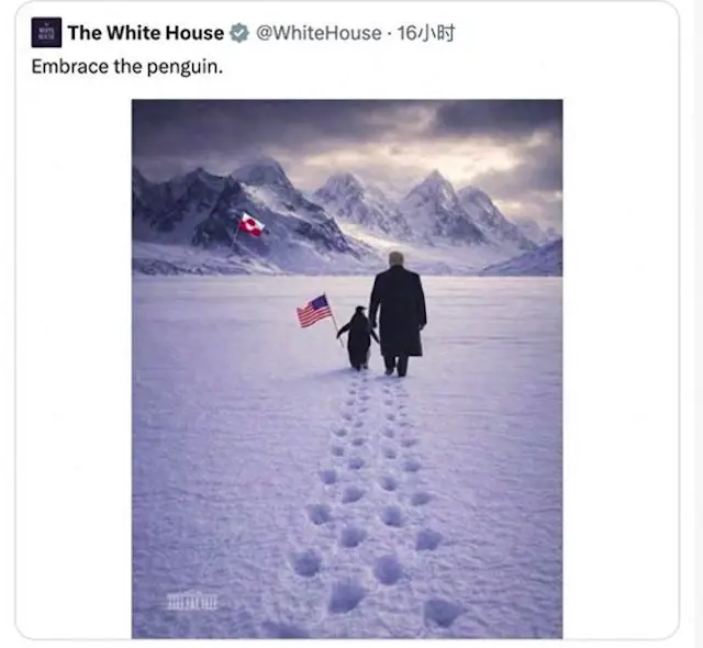 圖片顯示，美國總統特朗普與一隻舉著美國國旗的企鵝一起走在冰天雪地中，遠處冰原上還插著一面丹麥自治領地格陵蘭島旗，圖片配文「擁抱企鵝」。（X平台）