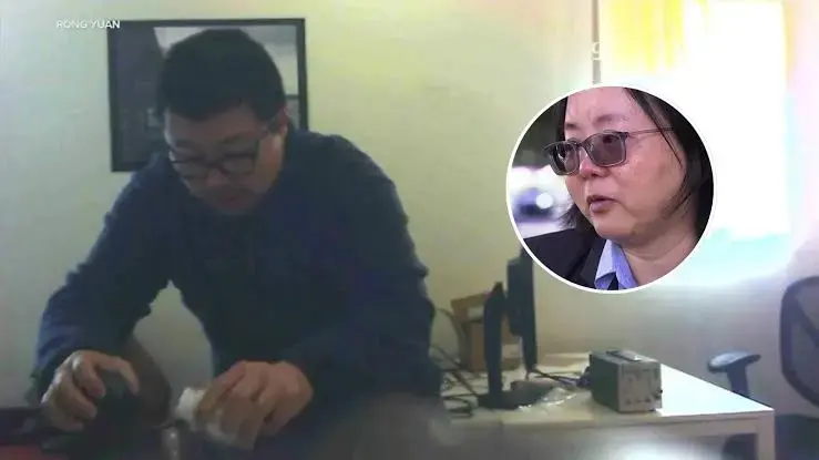 加州華裔工程師徐男遭針孔拍下，長期對同事袁蓉的水瓶投放重金屬鎘，水瓶鎘含量超標數百萬倍；徐男僅獲兩年緩刑，緩刑結束後法院批準撤銷重罪定罪，受害者公開影片抗議。（截圖來源：ＣＢＳ新聞）