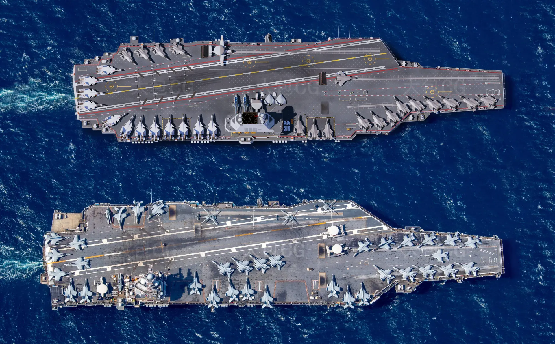 中國「福建號」（003型）與美國「福特號」（CVN-78），正是當今世界最具代表性的超級航母。(圖： 大包CG@微博)