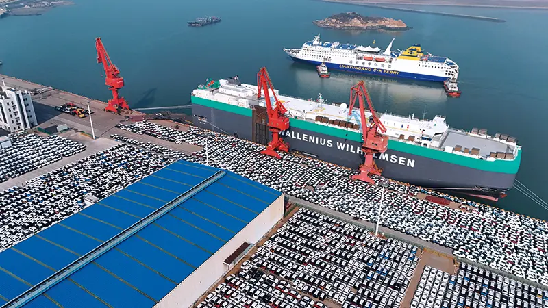 兩千餘輛小汽車在連雲港港 68 號泊位集結，準備裝載上船前往墨西哥拉薩羅卡德納斯港（2024 年 4 月 1 日攝） 連雲港港口集團供圖