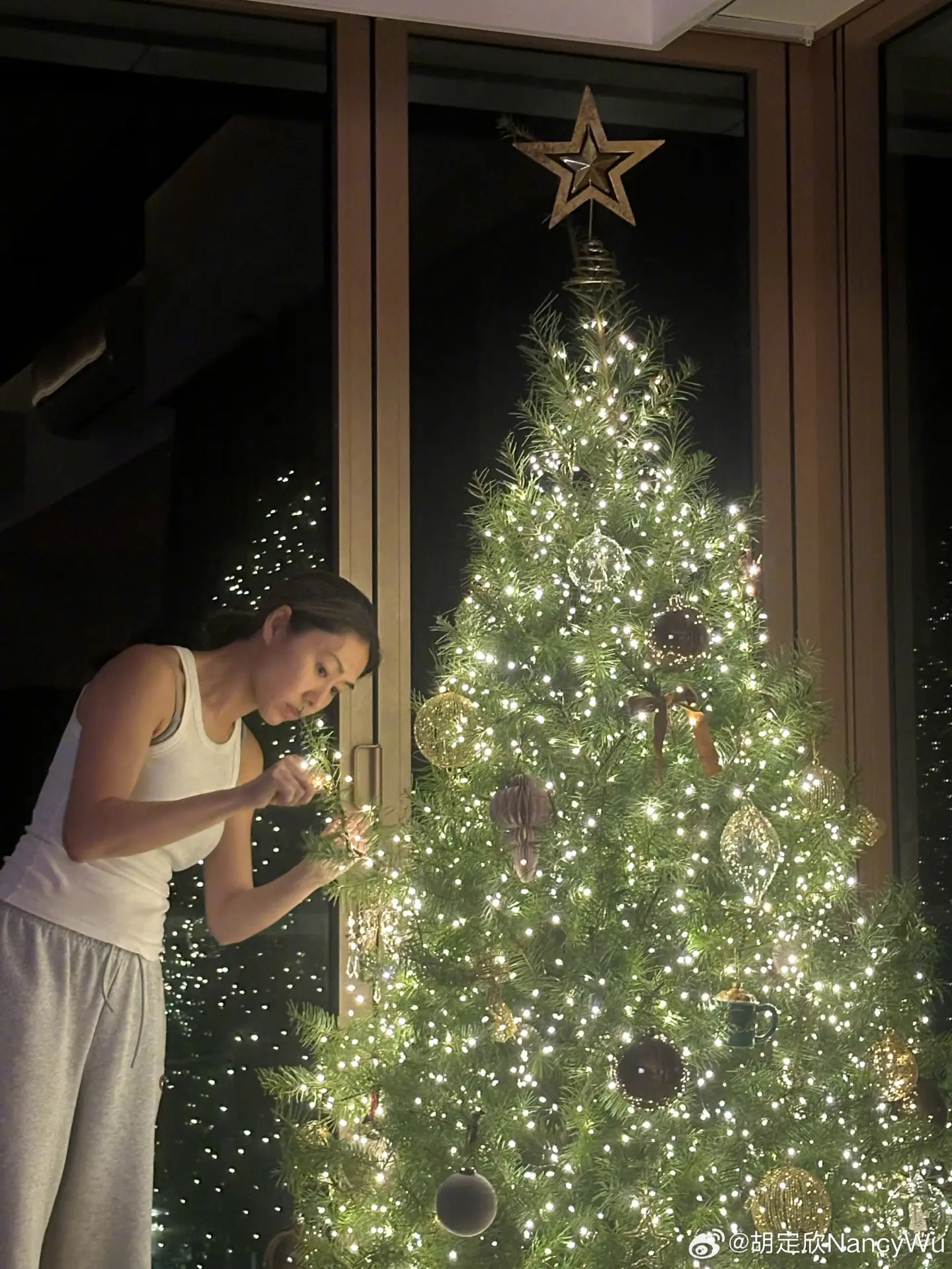 從胡定欣分享的照片可見，她全程親力親為，落手落腳為聖誕樹掛上各式裝飾，神情專注又幸福。這棵聖誕樹分量相當驚人，高度逾兩米，幾乎快要觸及天花板，不過置於家中客廳一角卻依然游刃有餘，間接映襯出客廳的闊落空間。(圖：胡定欣NancyWu@微博)