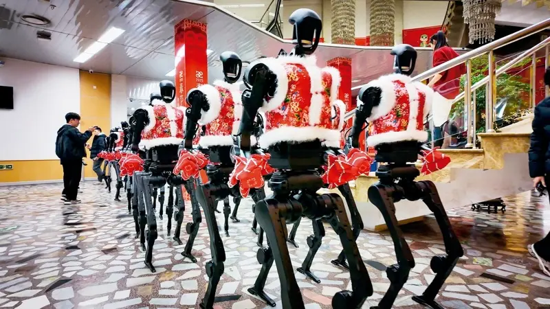 杭州宇樹科技人形機器人在2025年央視春晚後台。（新華社）