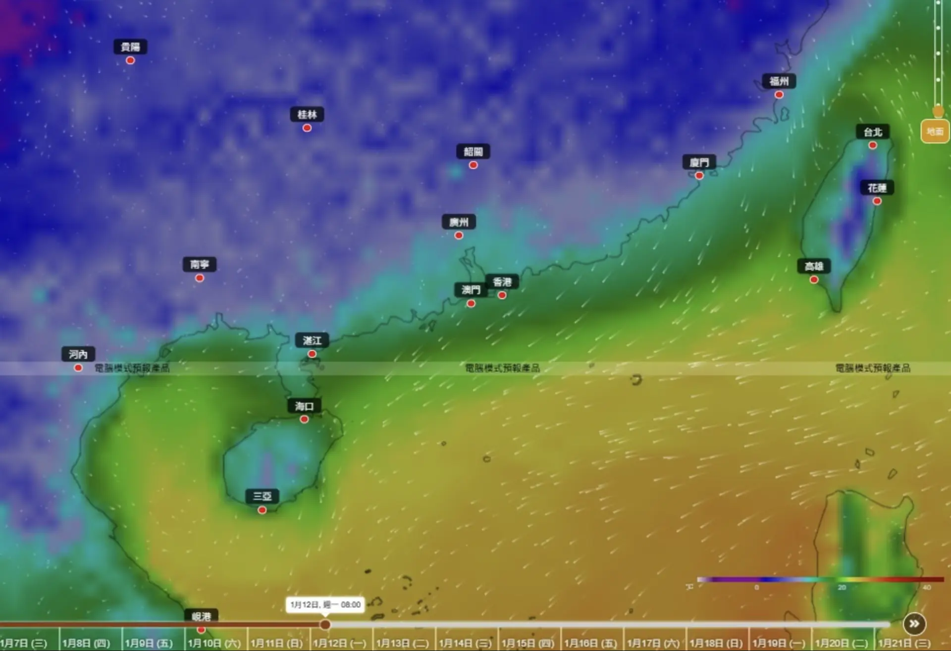 網上流傳的截圖來自歐洲中期預報中心（ECMWF）的氣象模組，顯示香港可能在 1 月中下旬遭遇超級寒潮，氣溫或跌至 5 度甚至出現降雪。(圖：歐洲中期預報中心) 