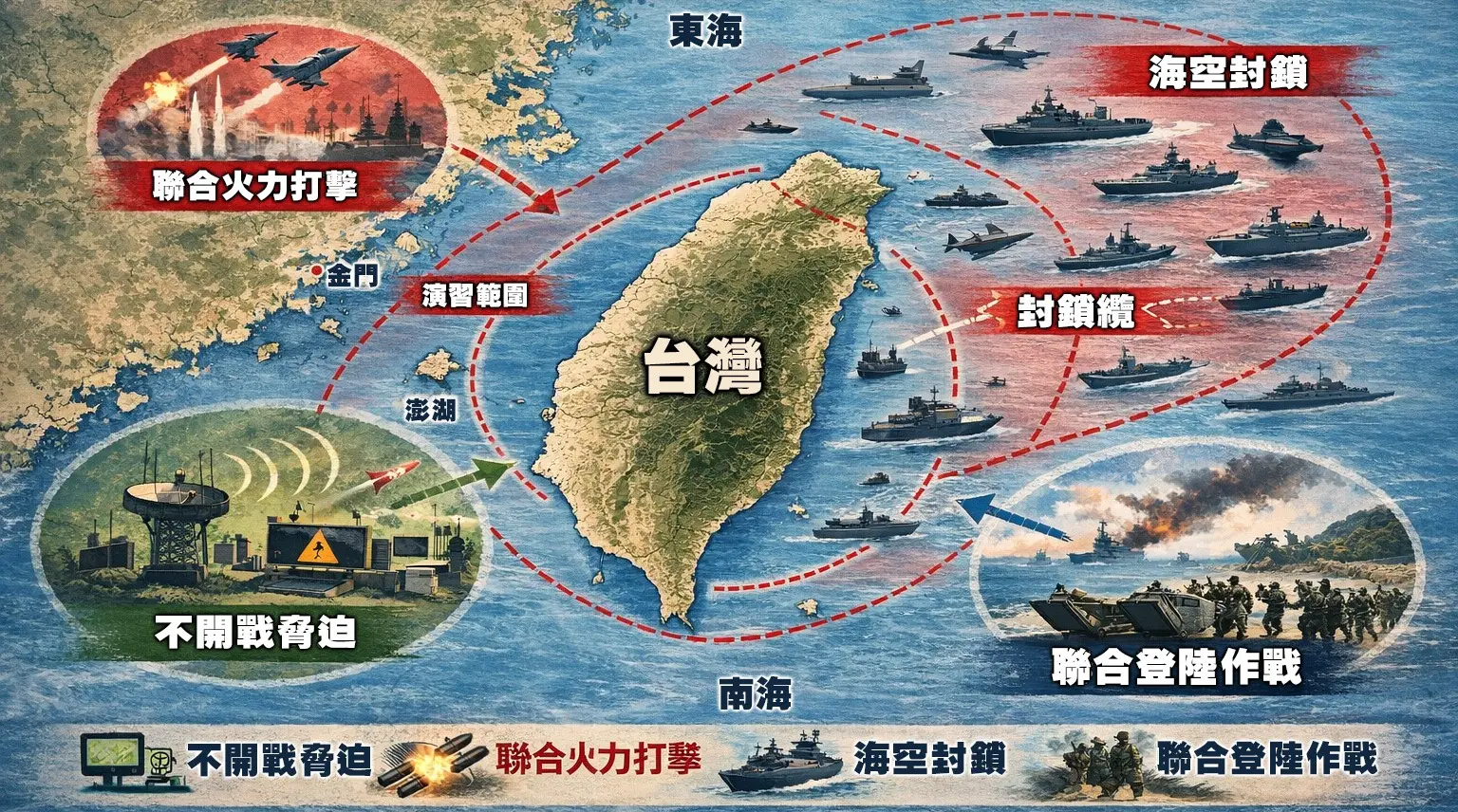 北京無須發動大規模登陸戰，僅需透過「灰色地帶行動」，以海巡船隻在台灣東部、北部航道進行「執法封鎖」，或是切斷海底電纜、癱瘓能源接收站，即可引發社會恐慌。(圖：網絡截圖)