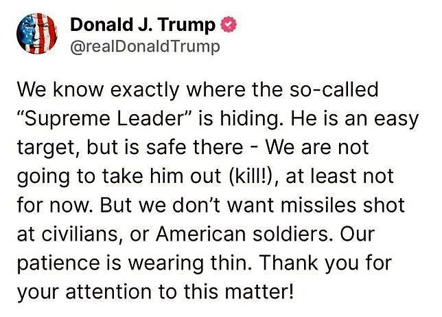 特朗普稱美方確切掌握伊朗最高領袖哈梅內伊的藏身地點。（圖TruthSocial@realDonaldTrump）